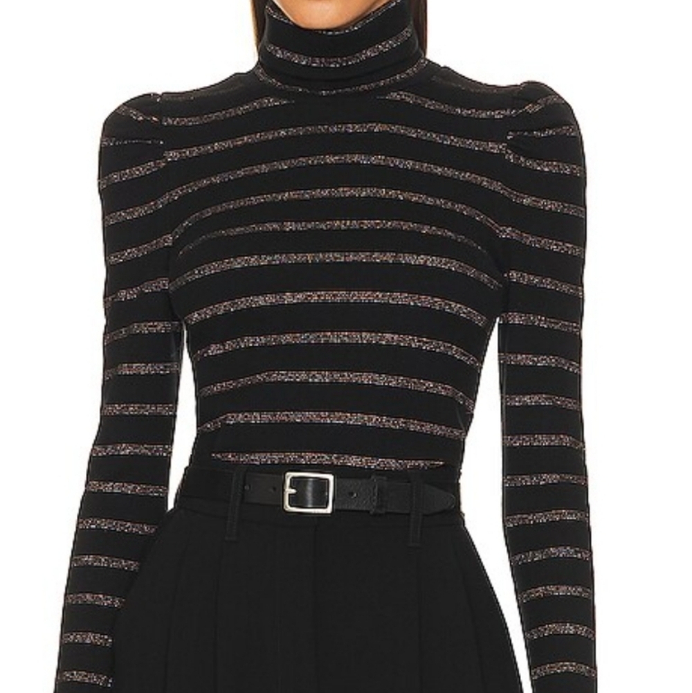 Veronica Beard Cedar Rib Knit Puff Sleeve Turtleneck Black